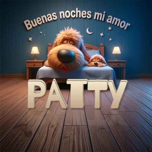 Dos perros de raza de pelaje espeso durmiendo juntos plácidamente en una cama cómoda, sobre ellos la frase 'Buenas noches mi amor' en una pared azul tranquila decorada con estrellas y una pequeña luna, con lámparas laterales cálidas. El nombre está en un prominente texto 3D en el piso de madera frente a la cama. Nombre personalizado: Patty.