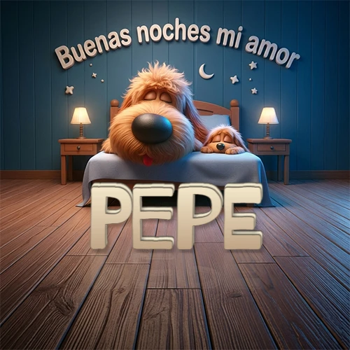 Dos perros de raza de pelaje espeso durmiendo juntos plácidamente en una cama cómoda, sobre ellos la frase 'Buenas noches mi amor' en una pared azul tranquila decorada con estrellas y una pequeña luna, con lámparas laterales cálidas. El nombre está en un prominente texto 3D en el piso de madera frente a la cama. Nombre personalizado: Pepe.