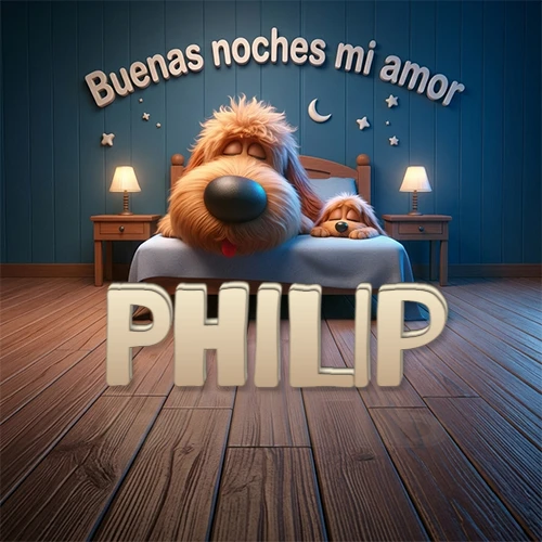 Dos perros de raza de pelaje espeso durmiendo juntos plácidamente en una cama cómoda, sobre ellos la frase 'Buenas noches mi amor' en una pared azul tranquila decorada con estrellas y una pequeña luna, con lámparas laterales cálidas. El nombre está en un prominente texto 3D en el piso de madera frente a la cama. Nombre personalizado: Philip.