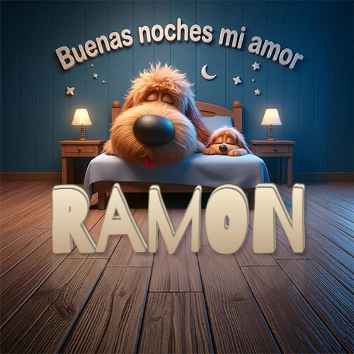 Dos perros de raza de pelaje espeso durmiendo juntos plácidamente en una cama cómoda, sobre ellos la frase 'Buenas noches mi amor' en una pared azul tranquila decorada con estrellas y una pequeña luna, con lámparas laterales cálidas. El nombre está en un prominente texto 3D en el piso de madera frente a la cama. Nombre personalizado: Ramon. Dos perros de raza de pelaje espeso durmiendo juntos plácidamente en una cama cómoda, sobre ellos la frase 'Buenas noches mi amor' en una pared azul tranquila decorada con estrellas y una pequeña luna, con lámparas laterales cálidas. El nombre está en un prominente texto 3D en el piso de madera frente a la cama. Nombre personalizado: Ramon.