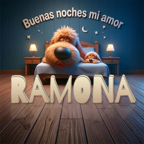 Dos perros de raza de pelaje espeso durmiendo juntos plácidamente en una cama cómoda, sobre ellos la frase 'Buenas noches mi amor' en una pared azul tranquila decorada con estrellas y una pequeña luna, con lámparas laterales cálidas. El nombre está en un prominente texto 3D en el piso de madera frente a la cama. Nombre personalizado: Ramona.