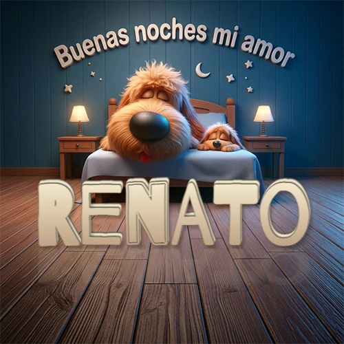 Dos perros de raza de pelaje espeso durmiendo juntos plácidamente en una cama cómoda, sobre ellos la frase 'Buenas noches mi amor' en una pared azul tranquila decorada con estrellas y una pequeña luna, con lámparas laterales cálidas. El nombre está en un prominente texto 3D en el piso de madera frente a la cama. Nombre personalizado: Renato. Dos perros de raza de pelaje espeso durmiendo juntos plácidamente en una cama cómoda, sobre ellos la frase 'Buenas noches mi amor' en una pared azul tranquila decorada con estrellas y una pequeña luna, con lámparas laterales cálidas. El nombre está en un prominente texto 3D en el piso de madera frente a la cama. Nombre personalizado: Renato.
