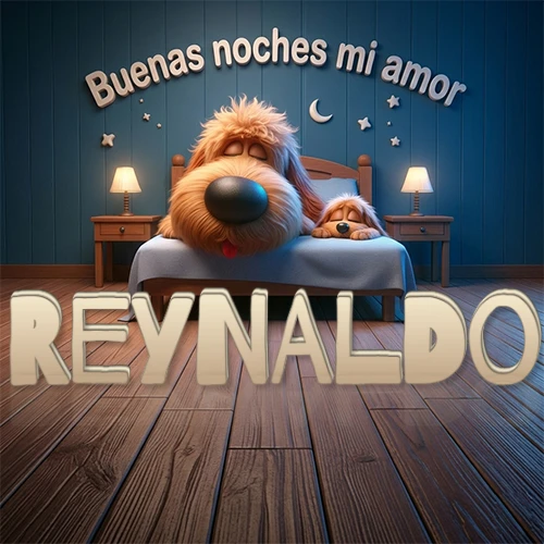 Dos perros de raza de pelaje espeso durmiendo juntos plácidamente en una cama cómoda, sobre ellos la frase 'Buenas noches mi amor' en una pared azul tranquila decorada con estrellas y una pequeña luna, con lámparas laterales cálidas. El nombre está en un prominente texto 3D en el piso de madera frente a la cama. Nombre personalizado: Reynaldo. Dos perros de raza de pelaje espeso durmiendo juntos plácidamente en una cama cómoda, sobre ellos la frase 'Buenas noches mi amor' en una pared azul tranquila decorada con estrellas y una pequeña luna, con lámparas laterales cálidas. El nombre está en un prominente texto 3D en el piso de madera frente a la cama. Nombre personalizado: Reynaldo.