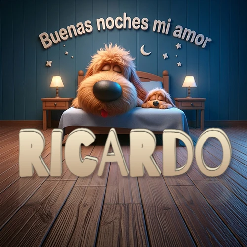 Dos perros de raza de pelaje espeso durmiendo juntos plácidamente en una cama cómoda, sobre ellos la frase 'Buenas noches mi amor' en una pared azul tranquila decorada con estrellas y una pequeña luna, con lámparas laterales cálidas. El nombre está en un prominente texto 3D en el piso de madera frente a la cama. Nombre personalizado: Ricardo. Dos perros de raza de pelaje espeso durmiendo juntos plácidamente en una cama cómoda, sobre ellos la frase 'Buenas noches mi amor' en una pared azul tranquila decorada con estrellas y una pequeña luna, con lámparas laterales cálidas. El nombre está en un prominente texto 3D en el piso de madera frente a la cama. Nombre personalizado: Ricardo.