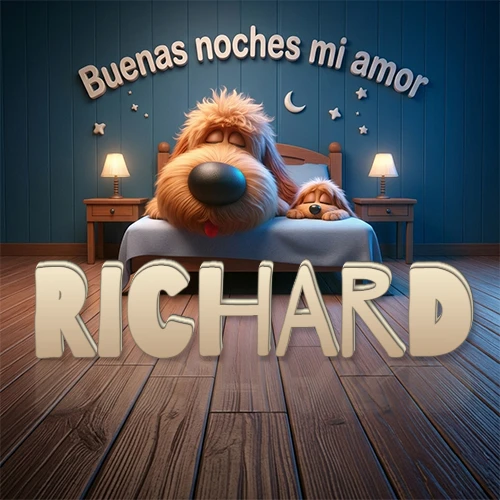 Dos perros de raza de pelaje espeso durmiendo juntos plácidamente en una cama cómoda, sobre ellos la frase 'Buenas noches mi amor' en una pared azul tranquila decorada con estrellas y una pequeña luna, con lámparas laterales cálidas. El nombre está en un prominente texto 3D en el piso de madera frente a la cama. Nombre personalizado: Richard. Dos perros de raza de pelaje espeso durmiendo juntos plácidamente en una cama cómoda, sobre ellos la frase 'Buenas noches mi amor' en una pared azul tranquila decorada con estrellas y una pequeña luna, con lámparas laterales cálidas. El nombre está en un prominente texto 3D en el piso de madera frente a la cama. Nombre personalizado: Richard.