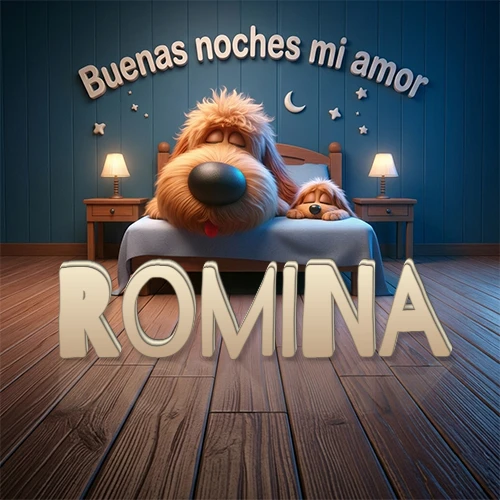 Dos perros de raza de pelaje espeso durmiendo juntos plácidamente en una cama cómoda, sobre ellos la frase 'Buenas noches mi amor' en una pared azul tranquila decorada con estrellas y una pequeña luna, con lámparas laterales cálidas. El nombre está en un prominente texto 3D en el piso de madera frente a la cama. Nombre personalizado: Romina.