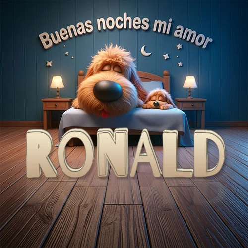 Dos perros de raza de pelaje espeso durmiendo juntos plácidamente en una cama cómoda, sobre ellos la frase 'Buenas noches mi amor' en una pared azul tranquila decorada con estrellas y una pequeña luna, con lámparas laterales cálidas. El nombre está en un prominente texto 3D en el piso de madera frente a la cama. Nombre personalizado: Ronald.