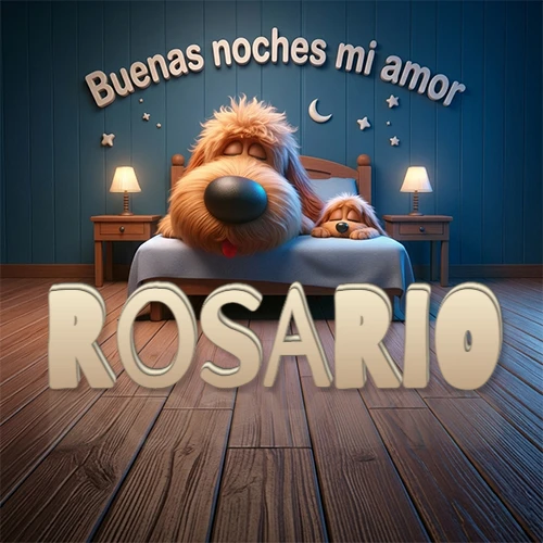 Dos perros de raza de pelaje espeso durmiendo juntos plácidamente en una cama cómoda, sobre ellos la frase 'Buenas noches mi amor' en una pared azul tranquila decorada con estrellas y una pequeña luna, con lámparas laterales cálidas. El nombre está en un prominente texto 3D en el piso de madera frente a la cama. Nombre personalizado: Rosario. Dos perros de raza de pelaje espeso durmiendo juntos plácidamente en una cama cómoda, sobre ellos la frase 'Buenas noches mi amor' en una pared azul tranquila decorada con estrellas y una pequeña luna, con lámparas laterales cálidas. El nombre está en un prominente texto 3D en el piso de madera frente a la cama. Nombre personalizado: Rosario.