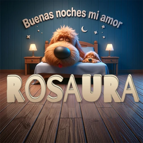 Dos perros de raza de pelaje espeso durmiendo juntos plácidamente en una cama cómoda, sobre ellos la frase 'Buenas noches mi amor' en una pared azul tranquila decorada con estrellas y una pequeña luna, con lámparas laterales cálidas. El nombre está en un prominente texto 3D en el piso de madera frente a la cama. Nombre personalizado: Rosaura. Dos perros de raza de pelaje espeso durmiendo juntos plácidamente en una cama cómoda, sobre ellos la frase 'Buenas noches mi amor' en una pared azul tranquila decorada con estrellas y una pequeña luna, con lámparas laterales cálidas. El nombre está en un prominente texto 3D en el piso de madera frente a la cama. Nombre personalizado: Rosaura.