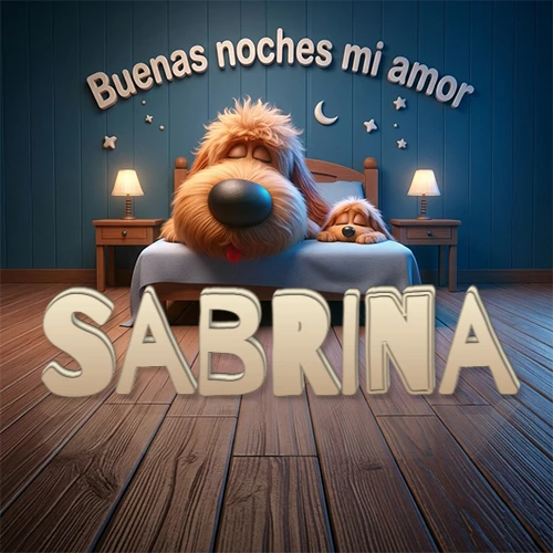 Dos perros de raza de pelaje espeso durmiendo juntos plácidamente en una cama cómoda, sobre ellos la frase 'Buenas noches mi amor' en una pared azul tranquila decorada con estrellas y una pequeña luna, con lámparas laterales cálidas. El nombre está en un prominente texto 3D en el piso de madera frente a la cama. Nombre personalizado: Sabrina. Dos perros de raza de pelaje espeso durmiendo juntos plácidamente en una cama cómoda, sobre ellos la frase 'Buenas noches mi amor' en una pared azul tranquila decorada con estrellas y una pequeña luna, con lámparas laterales cálidas. El nombre está en un prominente texto 3D en el piso de madera frente a la cama. Nombre personalizado: Sabrina.