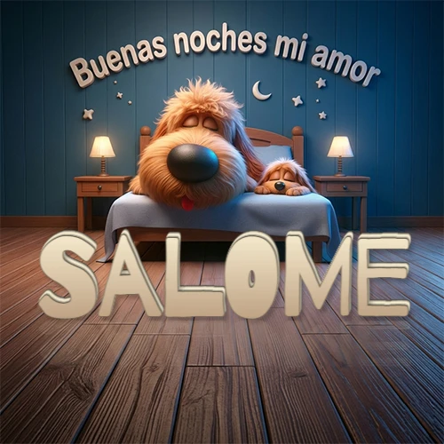 Dos perros de raza de pelaje espeso durmiendo juntos plácidamente en una cama cómoda, sobre ellos la frase 'Buenas noches mi amor' en una pared azul tranquila decorada con estrellas y una pequeña luna, con lámparas laterales cálidas. El nombre está en un prominente texto 3D en el piso de madera frente a la cama. Nombre personalizado: Salome.