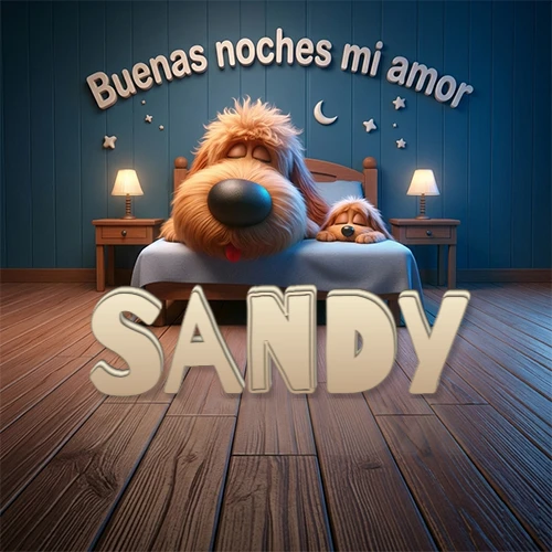Dos perros de raza de pelaje espeso durmiendo juntos plácidamente en una cama cómoda, sobre ellos la frase 'Buenas noches mi amor' en una pared azul tranquila decorada con estrellas y una pequeña luna, con lámparas laterales cálidas. El nombre está en un prominente texto 3D en el piso de madera frente a la cama. Nombre personalizado: Sandy.