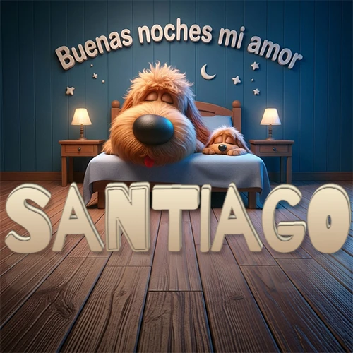 Dos perros de raza de pelaje espeso durmiendo juntos plácidamente en una cama cómoda, sobre ellos la frase 'Buenas noches mi amor' en una pared azul tranquila decorada con estrellas y una pequeña luna, con lámparas laterales cálidas. El nombre está en un prominente texto 3D en el piso de madera frente a la cama. Nombre personalizado: Santiago. Dos perros de raza de pelaje espeso durmiendo juntos plácidamente en una cama cómoda, sobre ellos la frase 'Buenas noches mi amor' en una pared azul tranquila decorada con estrellas y una pequeña luna, con lámparas laterales cálidas. El nombre está en un prominente texto 3D en el piso de madera frente a la cama. Nombre personalizado: Santiago.