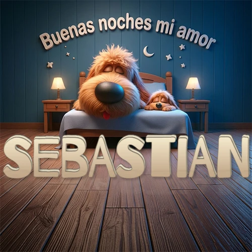 Dos perros de raza de pelaje espeso durmiendo juntos plácidamente en una cama cómoda, sobre ellos la frase 'Buenas noches mi amor' en una pared azul tranquila decorada con estrellas y una pequeña luna, con lámparas laterales cálidas. El nombre está en un prominente texto 3D en el piso de madera frente a la cama. Nombre personalizado: Sebastian. Dos perros de raza de pelaje espeso durmiendo juntos plácidamente en una cama cómoda, sobre ellos la frase 'Buenas noches mi amor' en una pared azul tranquila decorada con estrellas y una pequeña luna, con lámparas laterales cálidas. El nombre está en un prominente texto 3D en el piso de madera frente a la cama. Nombre personalizado: Sebastian.