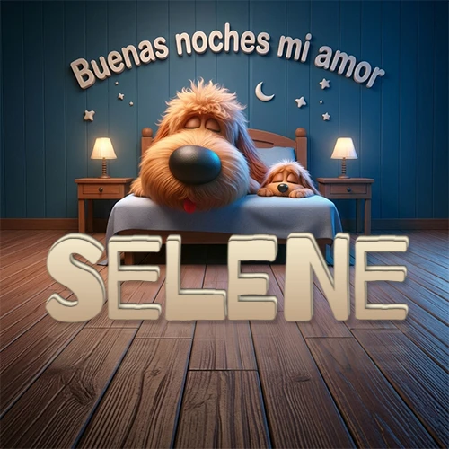 Dos perros de raza de pelaje espeso durmiendo juntos plácidamente en una cama cómoda, sobre ellos la frase 'Buenas noches mi amor' en una pared azul tranquila decorada con estrellas y una pequeña luna, con lámparas laterales cálidas. El nombre está en un prominente texto 3D en el piso de madera frente a la cama. Nombre personalizado: Selene. Dos perros de raza de pelaje espeso durmiendo juntos plácidamente en una cama cómoda, sobre ellos la frase 'Buenas noches mi amor' en una pared azul tranquila decorada con estrellas y una pequeña luna, con lámparas laterales cálidas. El nombre está en un prominente texto 3D en el piso de madera frente a la cama. Nombre personalizado: Selene.