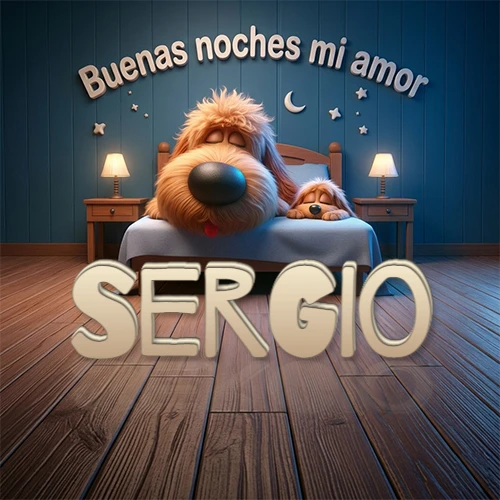 Dos perros de raza de pelaje espeso durmiendo juntos plácidamente en una cama cómoda, sobre ellos la frase 'Buenas noches mi amor' en una pared azul tranquila decorada con estrellas y una pequeña luna, con lámparas laterales cálidas. El nombre está en un prominente texto 3D en el piso de madera frente a la cama. Nombre personalizado: Sergio.