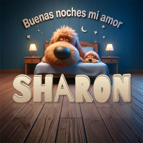 Dos perros de raza de pelaje espeso durmiendo juntos plácidamente en una cama cómoda, sobre ellos la frase 'Buenas noches mi amor' en una pared azul tranquila decorada con estrellas y una pequeña luna, con lámparas laterales cálidas. El nombre está en un prominente texto 3D en el piso de madera frente a la cama. Nombre personalizado: Sharon. Dos perros de raza de pelaje espeso durmiendo juntos plácidamente en una cama cómoda, sobre ellos la frase 'Buenas noches mi amor' en una pared azul tranquila decorada con estrellas y una pequeña luna, con lámparas laterales cálidas. El nombre está en un prominente texto 3D en el piso de madera frente a la cama. Nombre personalizado: Sharon.