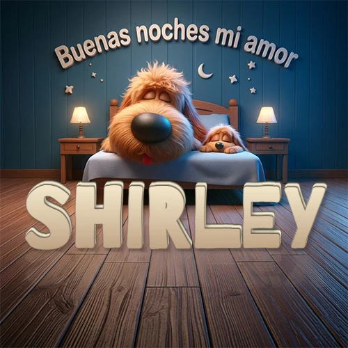 Dos perros de raza de pelaje espeso durmiendo juntos plácidamente en una cama cómoda, sobre ellos la frase 'Buenas noches mi amor' en una pared azul tranquila decorada con estrellas y una pequeña luna, con lámparas laterales cálidas. El nombre está en un prominente texto 3D en el piso de madera frente a la cama. Nombre personalizado: Shirley. Dos perros de raza de pelaje espeso durmiendo juntos plácidamente en una cama cómoda, sobre ellos la frase 'Buenas noches mi amor' en una pared azul tranquila decorada con estrellas y una pequeña luna, con lámparas laterales cálidas. El nombre está en un prominente texto 3D en el piso de madera frente a la cama. Nombre personalizado: Shirley.