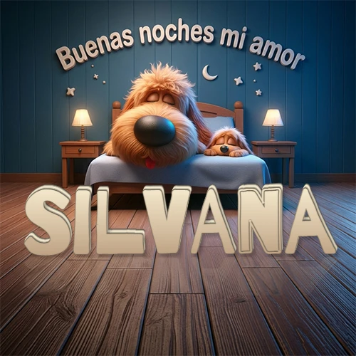 Dos perros de raza de pelaje espeso durmiendo juntos plácidamente en una cama cómoda, sobre ellos la frase 'Buenas noches mi amor' en una pared azul tranquila decorada con estrellas y una pequeña luna, con lámparas laterales cálidas. El nombre está en un prominente texto 3D en el piso de madera frente a la cama. Nombre personalizado: Silvana. Dos perros de raza de pelaje espeso durmiendo juntos plácidamente en una cama cómoda, sobre ellos la frase 'Buenas noches mi amor' en una pared azul tranquila decorada con estrellas y una pequeña luna, con lámparas laterales cálidas. El nombre está en un prominente texto 3D en el piso de madera frente a la cama. Nombre personalizado: Silvana.