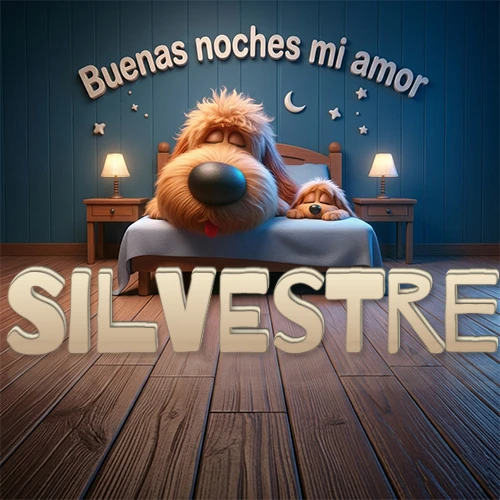 Dos perros de raza de pelaje espeso durmiendo juntos plácidamente en una cama cómoda, sobre ellos la frase 'Buenas noches mi amor' en una pared azul tranquila decorada con estrellas y una pequeña luna, con lámparas laterales cálidas. El nombre está en un prominente texto 3D en el piso de madera frente a la cama. Nombre personalizado: Silvestre.