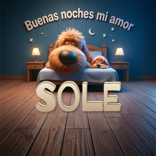 Dos perros de raza de pelaje espeso durmiendo juntos plácidamente en una cama cómoda, sobre ellos la frase 'Buenas noches mi amor' en una pared azul tranquila decorada con estrellas y una pequeña luna, con lámparas laterales cálidas. El nombre está en un prominente texto 3D en el piso de madera frente a la cama. Nombre personalizado: Sole.