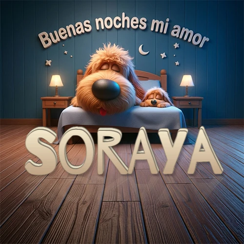 Dos perros de raza de pelaje espeso durmiendo juntos plácidamente en una cama cómoda, sobre ellos la frase 'Buenas noches mi amor' en una pared azul tranquila decorada con estrellas y una pequeña luna, con lámparas laterales cálidas. El nombre está en un prominente texto 3D en el piso de madera frente a la cama. Nombre personalizado: Soraya. Dos perros de raza de pelaje espeso durmiendo juntos plácidamente en una cama cómoda, sobre ellos la frase 'Buenas noches mi amor' en una pared azul tranquila decorada con estrellas y una pequeña luna, con lámparas laterales cálidas. El nombre está en un prominente texto 3D en el piso de madera frente a la cama. Nombre personalizado: Soraya.