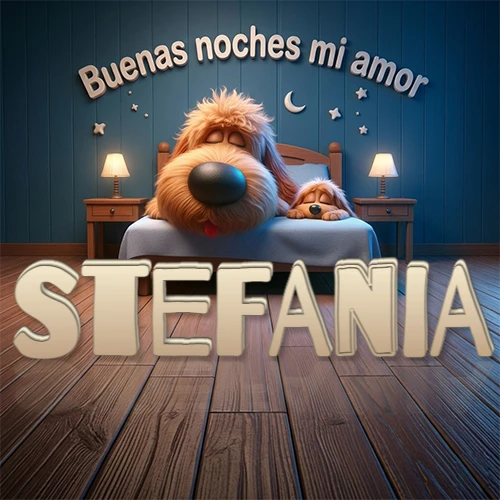 Dos perros de raza de pelaje espeso durmiendo juntos plácidamente en una cama cómoda, sobre ellos la frase 'Buenas noches mi amor' en una pared azul tranquila decorada con estrellas y una pequeña luna, con lámparas laterales cálidas. El nombre está en un prominente texto 3D en el piso de madera frente a la cama. Nombre personalizado: Stefania. Dos perros de raza de pelaje espeso durmiendo juntos plácidamente en una cama cómoda, sobre ellos la frase 'Buenas noches mi amor' en una pared azul tranquila decorada con estrellas y una pequeña luna, con lámparas laterales cálidas. El nombre está en un prominente texto 3D en el piso de madera frente a la cama. Nombre personalizado: Stefania.