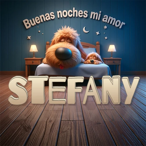 Dos perros de raza de pelaje espeso durmiendo juntos plácidamente en una cama cómoda, sobre ellos la frase 'Buenas noches mi amor' en una pared azul tranquila decorada con estrellas y una pequeña luna, con lámparas laterales cálidas. El nombre está en un prominente texto 3D en el piso de madera frente a la cama. Nombre personalizado: Stefany. Dos perros de raza de pelaje espeso durmiendo juntos plácidamente en una cama cómoda, sobre ellos la frase 'Buenas noches mi amor' en una pared azul tranquila decorada con estrellas y una pequeña luna, con lámparas laterales cálidas. El nombre está en un prominente texto 3D en el piso de madera frente a la cama. Nombre personalizado: Stefany.