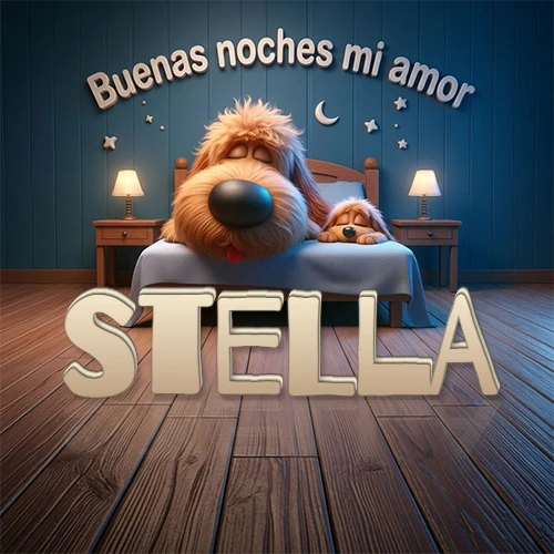 Dos perros de raza de pelaje espeso durmiendo juntos plácidamente en una cama cómoda, sobre ellos la frase 'Buenas noches mi amor' en una pared azul tranquila decorada con estrellas y una pequeña luna, con lámparas laterales cálidas. El nombre está en un prominente texto 3D en el piso de madera frente a la cama. Nombre personalizado: Stella. Dos perros de raza de pelaje espeso durmiendo juntos plácidamente en una cama cómoda, sobre ellos la frase 'Buenas noches mi amor' en una pared azul tranquila decorada con estrellas y una pequeña luna, con lámparas laterales cálidas. El nombre está en un prominente texto 3D en el piso de madera frente a la cama. Nombre personalizado: Stella.