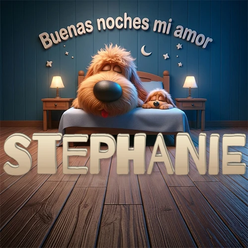 Dos perros de raza de pelaje espeso durmiendo juntos plácidamente en una cama cómoda, sobre ellos la frase 'Buenas noches mi amor' en una pared azul tranquila decorada con estrellas y una pequeña luna, con lámparas laterales cálidas. El nombre está en un prominente texto 3D en el piso de madera frente a la cama. Nombre personalizado: Stephanie.