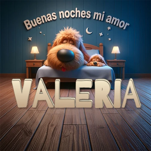Dos perros de raza de pelaje espeso durmiendo juntos plácidamente en una cama cómoda, sobre ellos la frase 'Buenas noches mi amor' en una pared azul tranquila decorada con estrellas y una pequeña luna, con lámparas laterales cálidas. El nombre está en un prominente texto 3D en el piso de madera frente a la cama. Nombre personalizado: Valeria. Dos perros de raza de pelaje espeso durmiendo juntos plácidamente en una cama cómoda, sobre ellos la frase 'Buenas noches mi amor' en una pared azul tranquila decorada con estrellas y una pequeña luna, con lámparas laterales cálidas. El nombre está en un prominente texto 3D en el piso de madera frente a la cama. Nombre personalizado: Valeria.