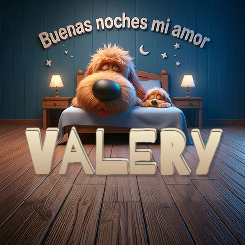 Dos perros de raza de pelaje espeso durmiendo juntos plácidamente en una cama cómoda, sobre ellos la frase 'Buenas noches mi amor' en una pared azul tranquila decorada con estrellas y una pequeña luna, con lámparas laterales cálidas. El nombre está en un prominente texto 3D en el piso de madera frente a la cama. Nombre personalizado: Valery. Dos perros de raza de pelaje espeso durmiendo juntos plácidamente en una cama cómoda, sobre ellos la frase 'Buenas noches mi amor' en una pared azul tranquila decorada con estrellas y una pequeña luna, con lámparas laterales cálidas. El nombre está en un prominente texto 3D en el piso de madera frente a la cama. Nombre personalizado: Valery.