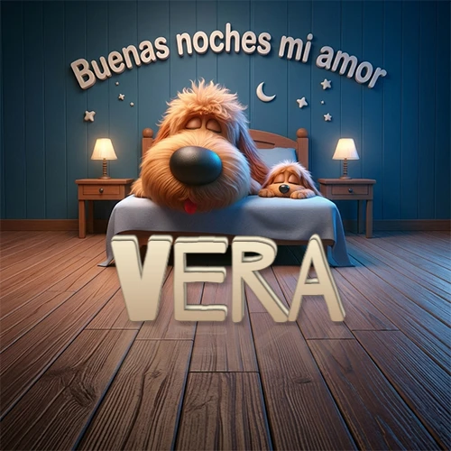 Dos perros de raza de pelaje espeso durmiendo juntos plácidamente en una cama cómoda, sobre ellos la frase 'Buenas noches mi amor' en una pared azul tranquila decorada con estrellas y una pequeña luna, con lámparas laterales cálidas. El nombre está en un prominente texto 3D en el piso de madera frente a la cama. Nombre personalizado: Vera. Dos perros de raza de pelaje espeso durmiendo juntos plácidamente en una cama cómoda, sobre ellos la frase 'Buenas noches mi amor' en una pared azul tranquila decorada con estrellas y una pequeña luna, con lámparas laterales cálidas. El nombre está en un prominente texto 3D en el piso de madera frente a la cama. Nombre personalizado: Vera.