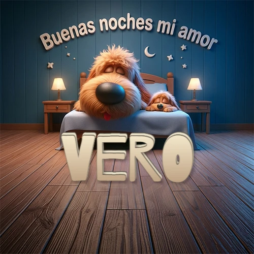 Dos perros de raza de pelaje espeso durmiendo juntos plácidamente en una cama cómoda, sobre ellos la frase 'Buenas noches mi amor' en una pared azul tranquila decorada con estrellas y una pequeña luna, con lámparas laterales cálidas. El nombre está en un prominente texto 3D en el piso de madera frente a la cama. Nombre personalizado: Vero.