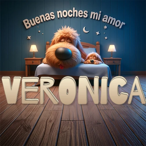 Dos perros de raza de pelaje espeso durmiendo juntos plácidamente en una cama cómoda, sobre ellos la frase 'Buenas noches mi amor' en una pared azul tranquila decorada con estrellas y una pequeña luna, con lámparas laterales cálidas. El nombre está en un prominente texto 3D en el piso de madera frente a la cama. Nombre personalizado: Veronica.