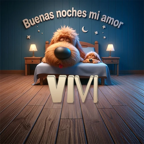 Dos perros de raza de pelaje espeso durmiendo juntos plácidamente en una cama cómoda, sobre ellos la frase 'Buenas noches mi amor' en una pared azul tranquila decorada con estrellas y una pequeña luna, con lámparas laterales cálidas. El nombre está en un prominente texto 3D en el piso de madera frente a la cama. Nombre personalizado: Vivi. Dos perros de raza de pelaje espeso durmiendo juntos plácidamente en una cama cómoda, sobre ellos la frase 'Buenas noches mi amor' en una pared azul tranquila decorada con estrellas y una pequeña luna, con lámparas laterales cálidas. El nombre está en un prominente texto 3D en el piso de madera frente a la cama. Nombre personalizado: Vivi.