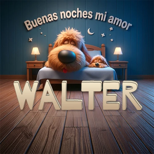 Dos perros de raza de pelaje espeso durmiendo juntos plácidamente en una cama cómoda, sobre ellos la frase 'Buenas noches mi amor' en una pared azul tranquila decorada con estrellas y una pequeña luna, con lámparas laterales cálidas. El nombre está en un prominente texto 3D en el piso de madera frente a la cama. Nombre personalizado: Walter.
