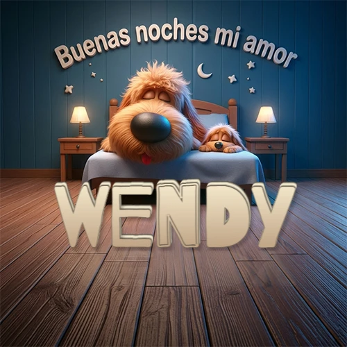 Dos perros de raza de pelaje espeso durmiendo juntos plácidamente en una cama cómoda, sobre ellos la frase 'Buenas noches mi amor' en una pared azul tranquila decorada con estrellas y una pequeña luna, con lámparas laterales cálidas. El nombre está en un prominente texto 3D en el piso de madera frente a la cama. Nombre personalizado: Wendy. Dos perros de raza de pelaje espeso durmiendo juntos plácidamente en una cama cómoda, sobre ellos la frase 'Buenas noches mi amor' en una pared azul tranquila decorada con estrellas y una pequeña luna, con lámparas laterales cálidas. El nombre está en un prominente texto 3D en el piso de madera frente a la cama. Nombre personalizado: Wendy.