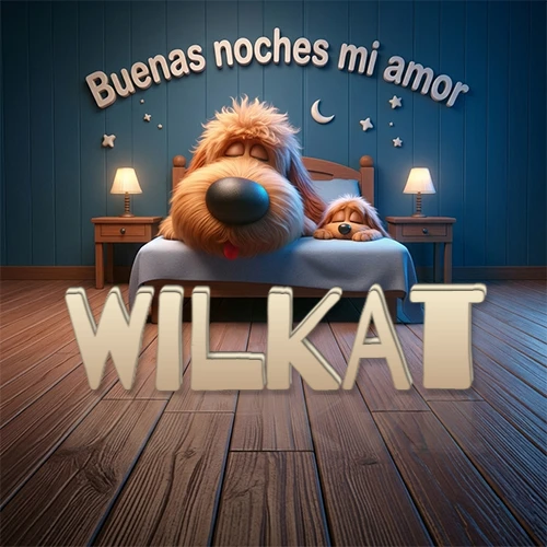 Dos perros de raza de pelaje espeso durmiendo juntos plácidamente en una cama cómoda, sobre ellos la frase 'Buenas noches mi amor' en una pared azul tranquila decorada con estrellas y una pequeña luna, con lámparas laterales cálidas. El nombre está en un prominente texto 3D en el piso de madera frente a la cama. Nombre personalizado: Wilkat.