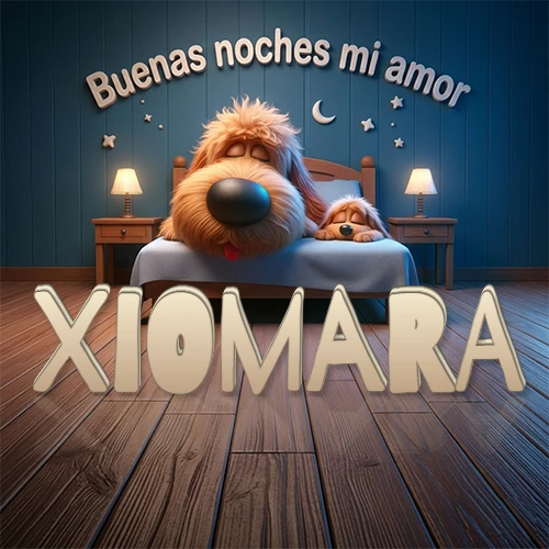 Dos perros de raza de pelaje espeso durmiendo juntos plácidamente en una cama cómoda, sobre ellos la frase 'Buenas noches mi amor' en una pared azul tranquila decorada con estrellas y una pequeña luna, con lámparas laterales cálidas. El nombre está en un prominente texto 3D en el piso de madera frente a la cama. Nombre personalizado: Xiomara.
