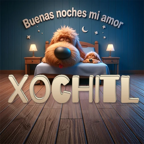 Dos perros de raza de pelaje espeso durmiendo juntos plácidamente en una cama cómoda, sobre ellos la frase 'Buenas noches mi amor' en una pared azul tranquila decorada con estrellas y una pequeña luna, con lámparas laterales cálidas. El nombre está en un prominente texto 3D en el piso de madera frente a la cama. Nombre personalizado: Xochitl.