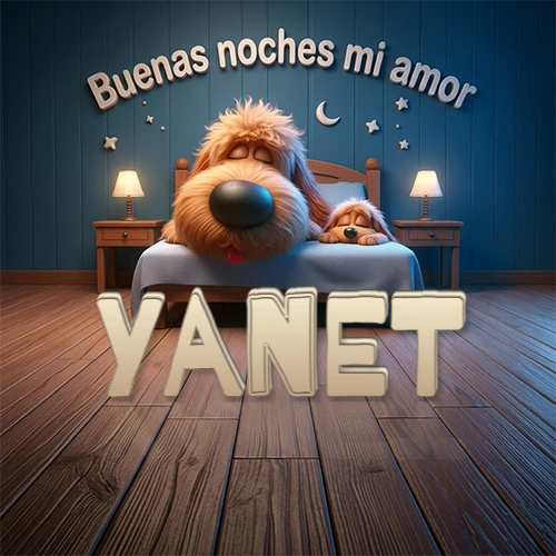 Dos perros de raza de pelaje espeso durmiendo juntos plácidamente en una cama cómoda, sobre ellos la frase 'Buenas noches mi amor' en una pared azul tranquila decorada con estrellas y una pequeña luna, con lámparas laterales cálidas. El nombre está en un prominente texto 3D en el piso de madera frente a la cama. Nombre personalizado: Yanet. Dos perros de raza de pelaje espeso durmiendo juntos plácidamente en una cama cómoda, sobre ellos la frase 'Buenas noches mi amor' en una pared azul tranquila decorada con estrellas y una pequeña luna, con lámparas laterales cálidas. El nombre está en un prominente texto 3D en el piso de madera frente a la cama. Nombre personalizado: Yanet.