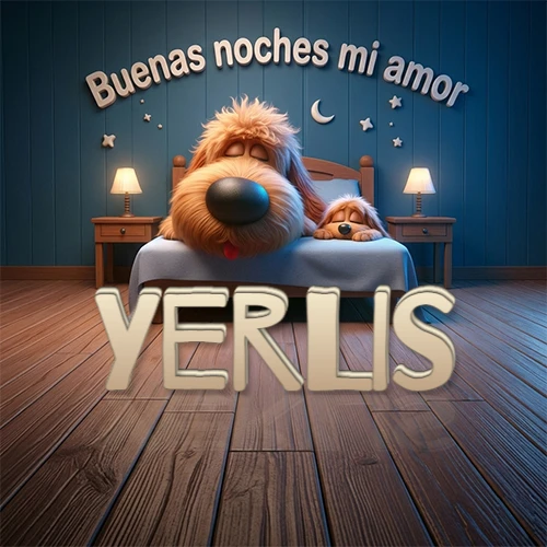 Dos perros de raza de pelaje espeso durmiendo juntos plácidamente en una cama cómoda, sobre ellos la frase 'Buenas noches mi amor' en una pared azul tranquila decorada con estrellas y una pequeña luna, con lámparas laterales cálidas. El nombre está en un prominente texto 3D en el piso de madera frente a la cama. Nombre personalizado: Yerlis. Dos perros de raza de pelaje espeso durmiendo juntos plácidamente en una cama cómoda, sobre ellos la frase 'Buenas noches mi amor' en una pared azul tranquila decorada con estrellas y una pequeña luna, con lámparas laterales cálidas. El nombre está en un prominente texto 3D en el piso de madera frente a la cama. Nombre personalizado: Yerlis.