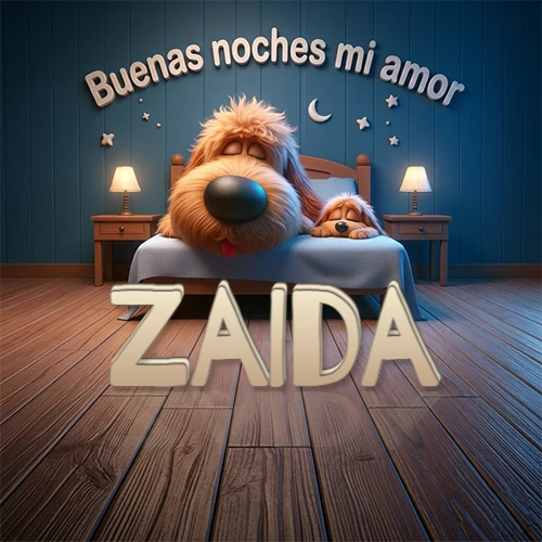 Dos perros de raza de pelaje espeso durmiendo juntos plácidamente en una cama cómoda, sobre ellos la frase 'Buenas noches mi amor' en una pared azul tranquila decorada con estrellas y una pequeña luna, con lámparas laterales cálidas. El nombre está en un prominente texto 3D en el piso de madera frente a la cama. Nombre personalizado: Zaida.