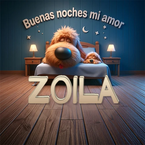 Dos perros de raza de pelaje espeso durmiendo juntos plácidamente en una cama cómoda, sobre ellos la frase 'Buenas noches mi amor' en una pared azul tranquila decorada con estrellas y una pequeña luna, con lámparas laterales cálidas. El nombre está en un prominente texto 3D en el piso de madera frente a la cama. Nombre personalizado: Zoila.