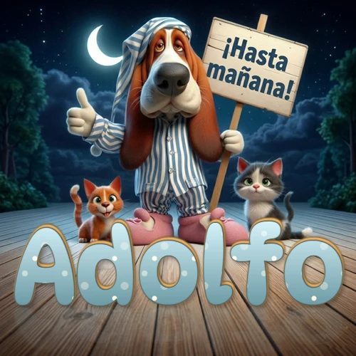 Perro con pijama de rayas y gorro de dormir, parado junto a dos gatitos pequeños sosteniendo un cartel de madera con la frase '¡Hasta mañana!', en un paisaje nocturno exterior bajo la luz de la media luna. El nombre está escrito con letra celeste punteada en blanco en el primer plano sobre el piso de madera. Nombre personalizado: Adolfo.