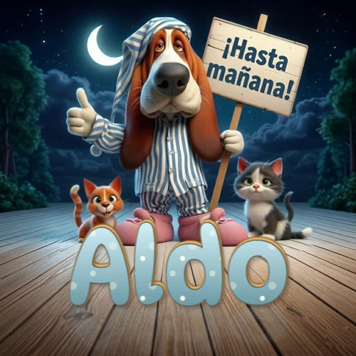 Perro con pijama de rayas y gorro de dormir, parado junto a dos gatitos pequeños sosteniendo un cartel de madera con la frase '¡Hasta mañana!', en un paisaje nocturno exterior bajo la luz de la media luna. El nombre está escrito con letra celeste punteada en blanco en el primer plano sobre el piso de madera. Nombre personalizado: Aldo. Perro con pijama de rayas y gorro de dormir, parado junto a dos gatitos pequeños sosteniendo un cartel de madera con la frase '¡Hasta mañana!', en un paisaje nocturno exterior bajo la luz de la media luna. El nombre está escrito con letra celeste punteada en blanco en el primer plano sobre el piso de madera. Nombre personalizado: Aldo.