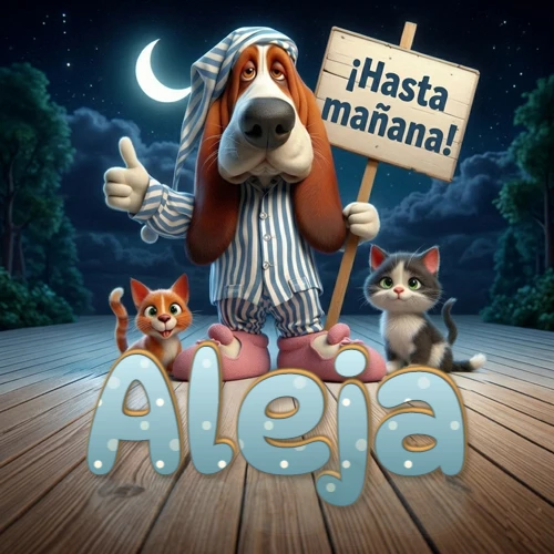 Perro con pijama de rayas y gorro de dormir, parado junto a dos gatitos pequeños sosteniendo un cartel de madera con la frase '¡Hasta mañana!', en un paisaje nocturno exterior bajo la luz de la media luna. El nombre está escrito con letra celeste punteada en blanco en el primer plano sobre el piso de madera. Nombre personalizado: Aleja. Perro con pijama de rayas y gorro de dormir, parado junto a dos gatitos pequeños sosteniendo un cartel de madera con la frase '¡Hasta mañana!', en un paisaje nocturno exterior bajo la luz de la media luna. El nombre está escrito con letra celeste punteada en blanco en el primer plano sobre el piso de madera. Nombre personalizado: Aleja.