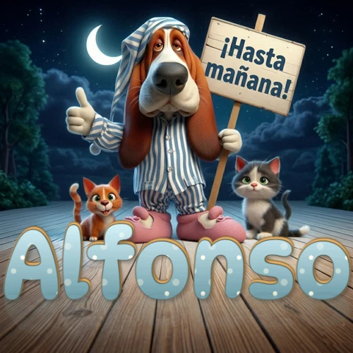 Perro con pijama de rayas y gorro de dormir, parado junto a dos gatitos pequeños sosteniendo un cartel de madera con la frase '¡Hasta mañana!', en un paisaje nocturno exterior bajo la luz de la media luna. El nombre está escrito con letra celeste punteada en blanco en el primer plano sobre el piso de madera. Nombre personalizado: Alfonso. Perro con pijama de rayas y gorro de dormir, parado junto a dos gatitos pequeños sosteniendo un cartel de madera con la frase '¡Hasta mañana!', en un paisaje nocturno exterior bajo la luz de la media luna. El nombre está escrito con letra celeste punteada en blanco en el primer plano sobre el piso de madera. Nombre personalizado: Alfonso.