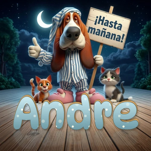 Perro con pijama de rayas y gorro de dormir, parado junto a dos gatitos pequeños sosteniendo un cartel de madera con la frase '¡Hasta mañana!', en un paisaje nocturno exterior bajo la luz de la media luna. El nombre está escrito con letra celeste punteada en blanco en el primer plano sobre el piso de madera. Nombre personalizado: Andre.
